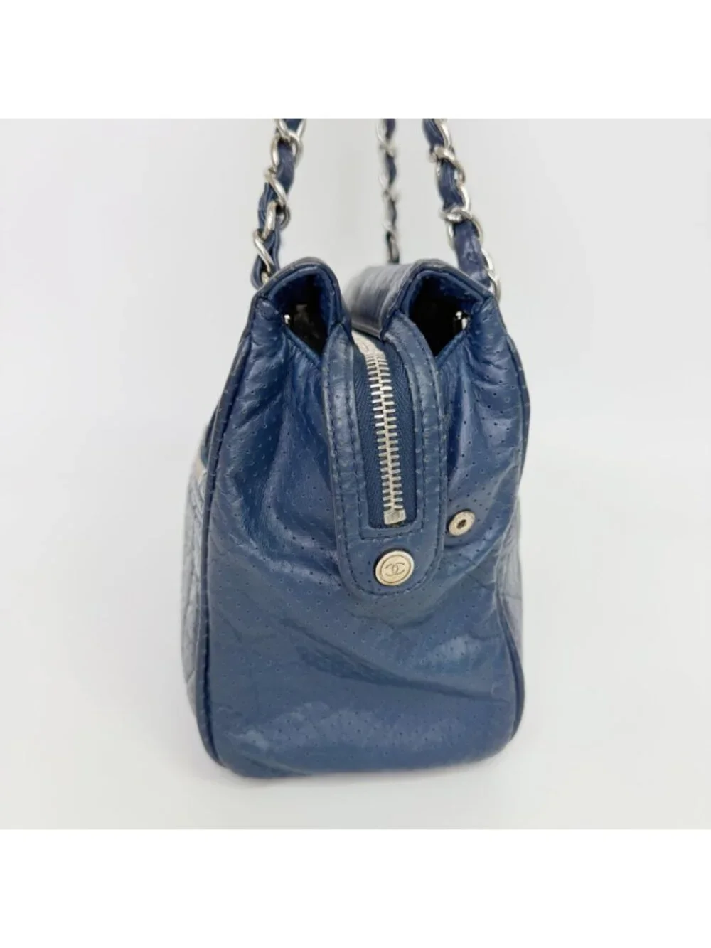 Chanel CC Logo Quilted Perforated Shoulder Bag Leather Blue Silver Vintage